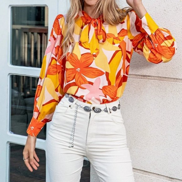 Fall Vibes Colorful floral Long Bishop Sleeve Blouse Top Orange - Picture 3 of 5